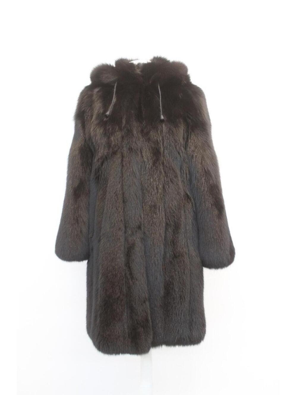 Excellent Black Fox Fur Coat Jacket Women Woman W/Hood Size 4 Small